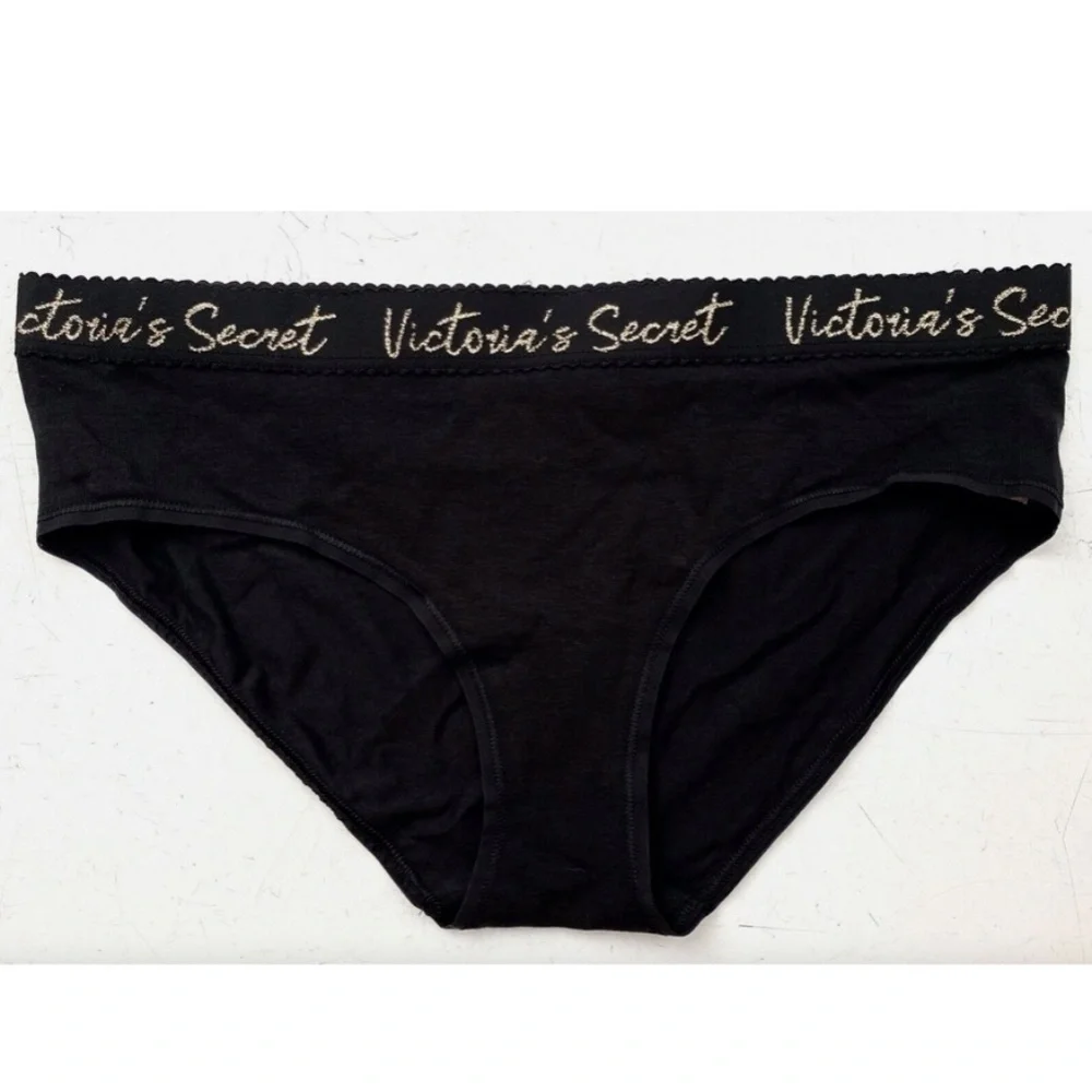 Victorias Secret Nwt Black w/ Gold Logo Band Cotton Blend Hiphugger Panty L